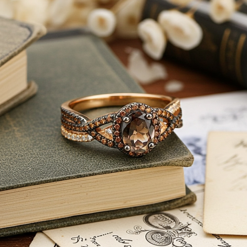 Sotiya Halo Oval Cut Coffee Twist Shank Engagement Ring Sterling Silver