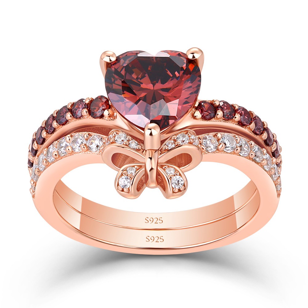 Sotiya Heart Cut Chocolate Bow Rose Gold Wedding Bridal Ring Set Sterling Silver-Sotiya