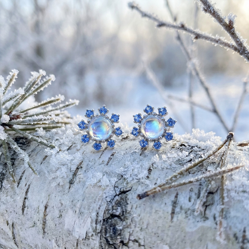Sotiya Best Buds Snowflake Moonstone Round Cut Earrings Sterling Silver-Sotiya