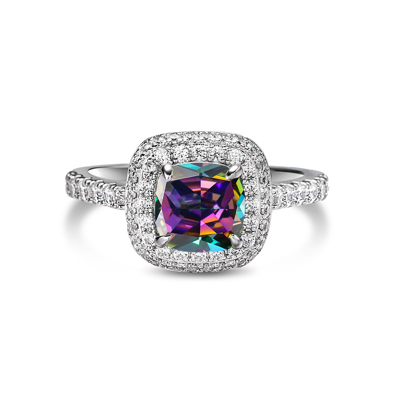 Sotiya Two Halo Cushion Cut Rainbow Mystic Quartz Engagement Ring Sterling Silver-Sotiya