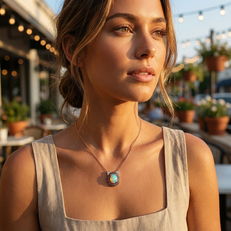 Sotiya Cat Design Double Halo Opal Oval Cut Coffee Necklace Sterling Silver-Sotiya