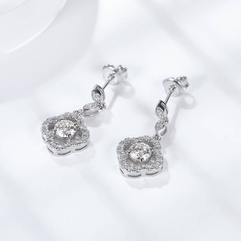 Sotiya Four Leaf Clover Round Cut Moissanite Drop Earrings Sterling Silver-Sotiya