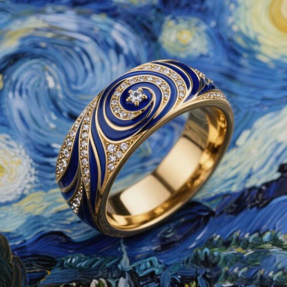 Sotiya Artist Collection Famous Painting Enamel Starry Night Curve Curl Design Women's Wedding Ring Band Sterling Silver-Sotiya