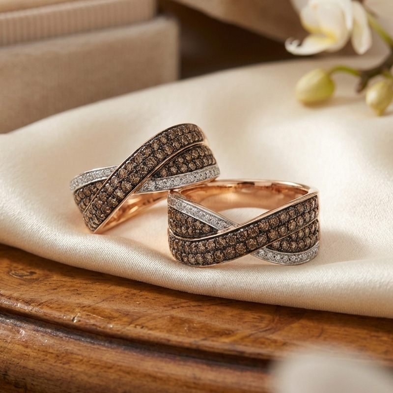 Sotiya Twist Design Round Cut Coffee Couple Rings Sterling Silver