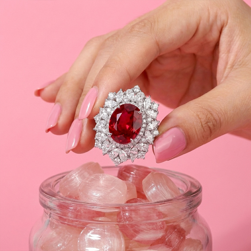 Sotiya Unique Halo Lab Grown Ruby Red Oval Cut Cocktail Ring Sterling Silver