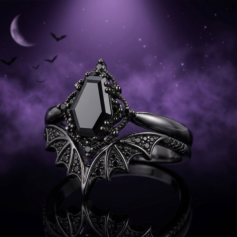 Sotiya Vintage Gothic Bat Coffin Cut Wedding Bridal Ring Set Sterling Silver