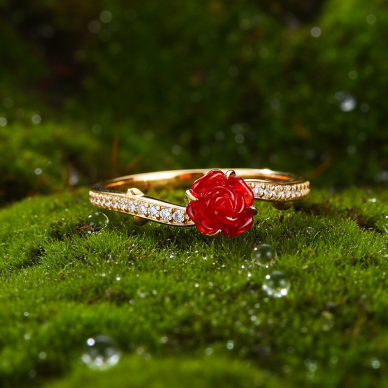 Sotiya Enchanted Red Rose Thorn Design Enamel Cocktail Ring Sterling Silver-Sotiya