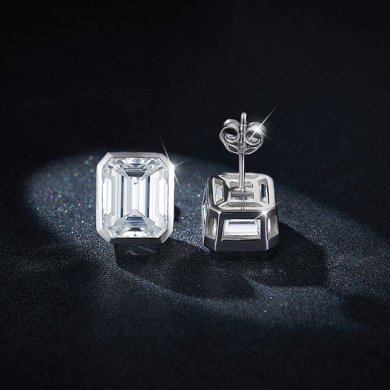 Sotiya Solitaire Emerald Cut Moissanite Stud Earrings Sterling Silver-Sotiya
