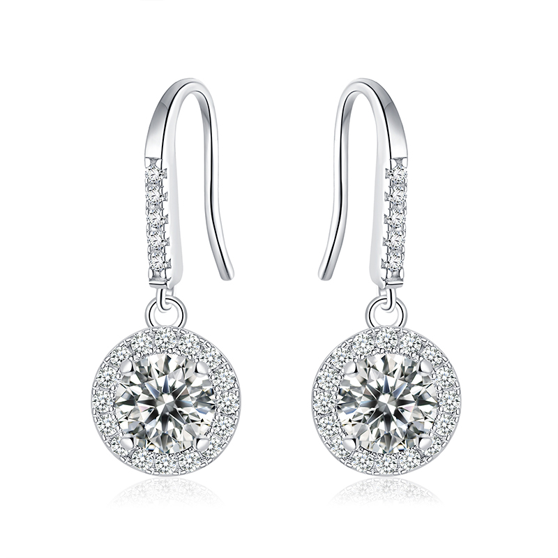 Sotiya Halo Round Cut Moissanite Drop Earrings Sterling Silver