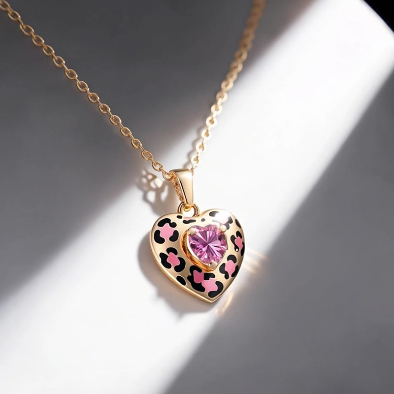 Sotiya Heart Cut Pink Leopard Print Coffee Enamel Necklace Sterling Silver-Sotiya