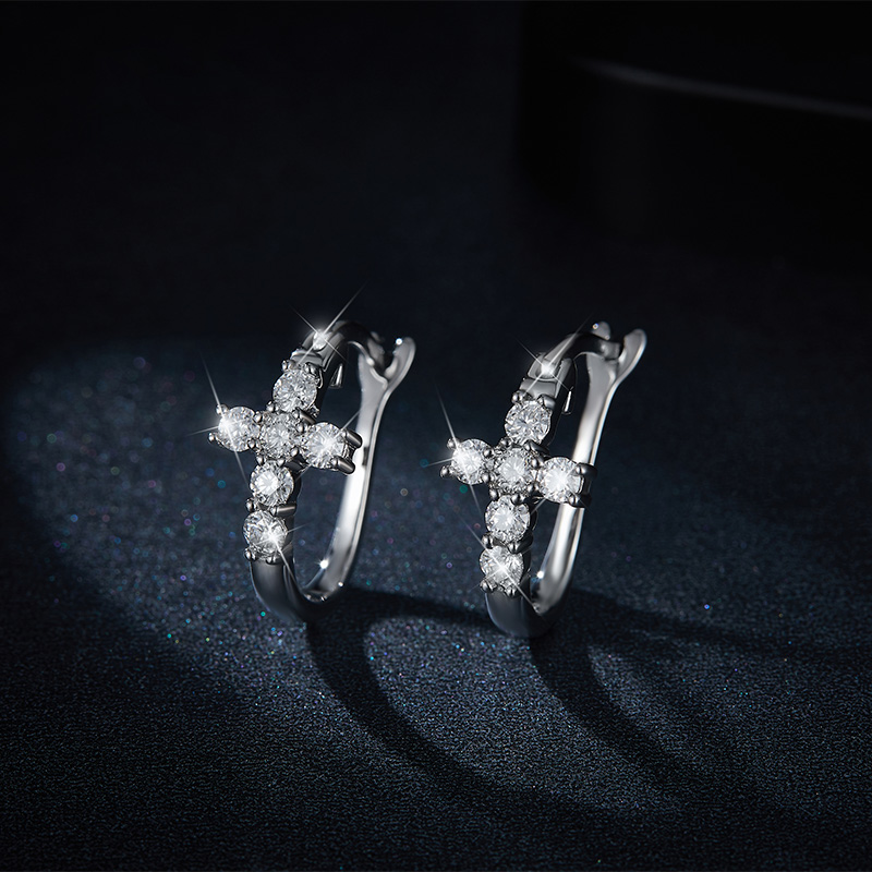 Sotiya Cross Design Round Cut Moissanite Hoop Earrings Sterling Silver-Sotiya