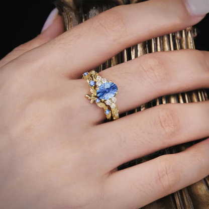 Sotiya Leaf Cluster Aquamarine Blue Oval Fantasy Starbrite Cut Wedding Bridal Ring Set Sterling Silver-Sotiya