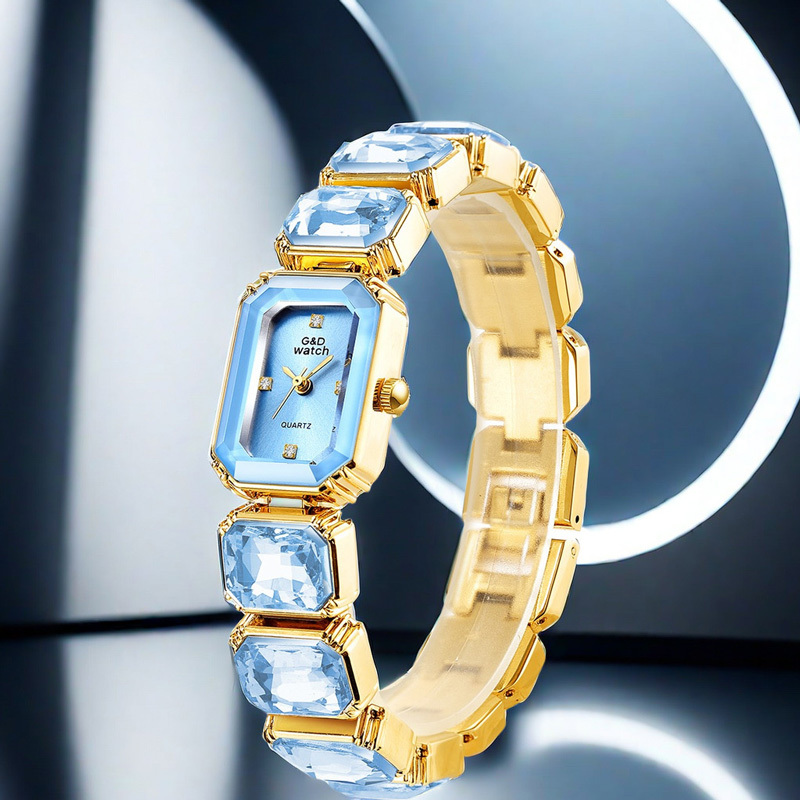 Sotiya Square Dial Quartz Movement Gold Watch with Stone-Encrusted Strap-Sotiya