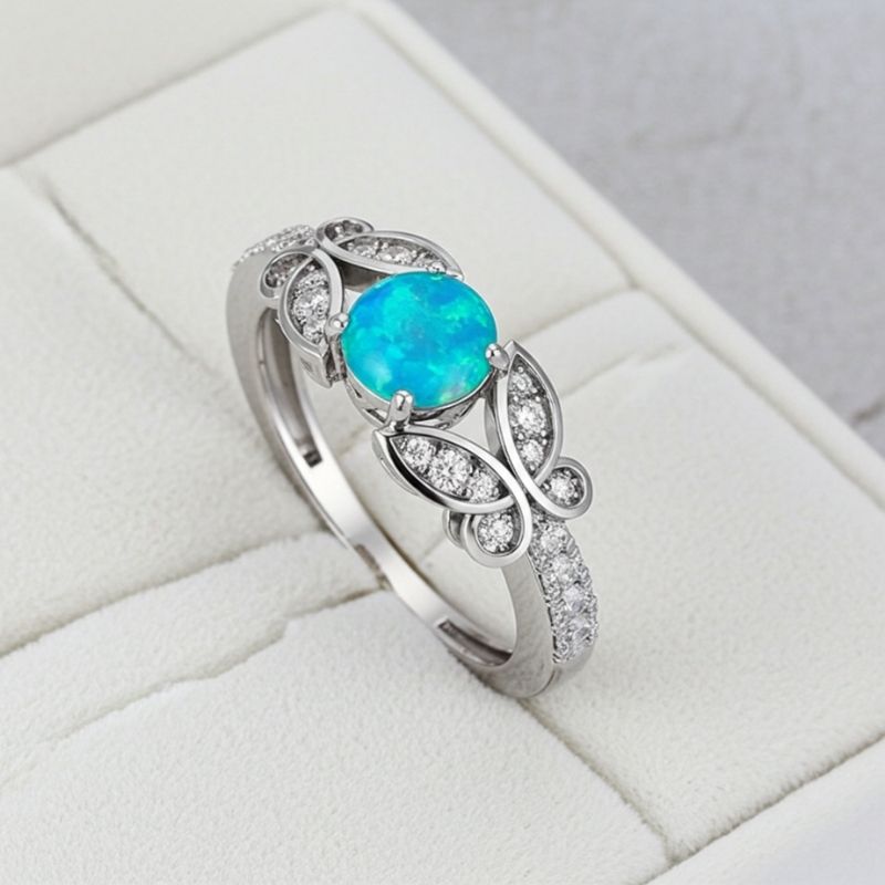 Sotiya Butterfly Round Cut Opal Engagement Ring Sterling Silver-Sotiya