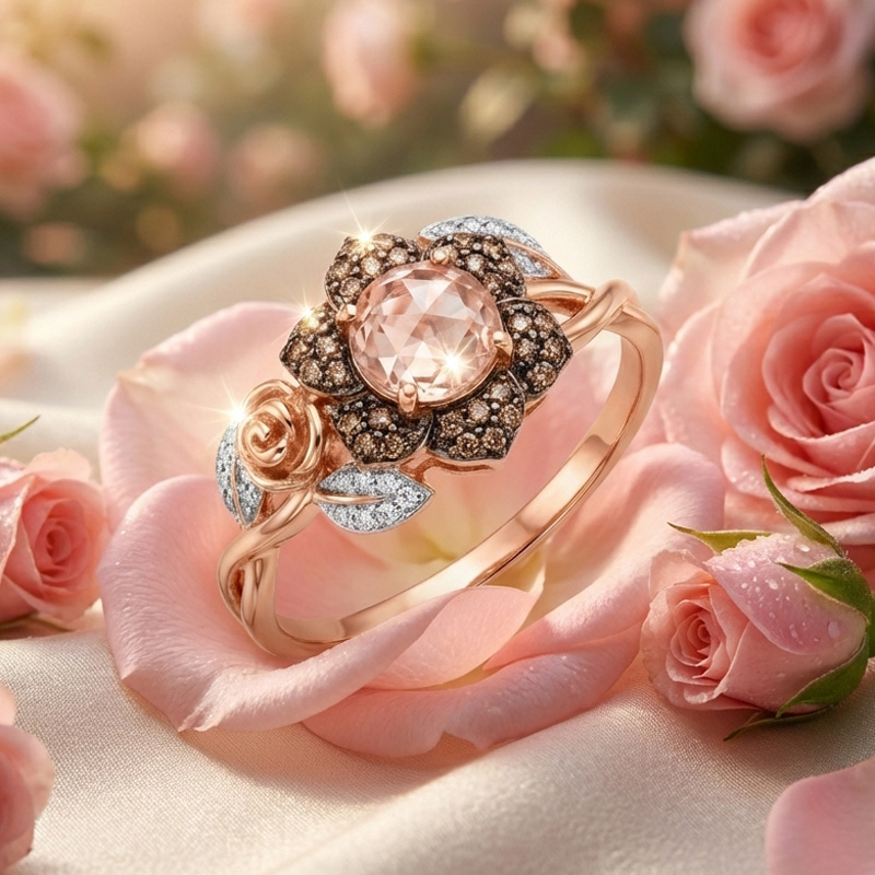 Sotiya Rose and Leaf Synthetic Morganite Flower Halo Round Cut Coffee Engagement Ring Sterling Silver-Sotiya
