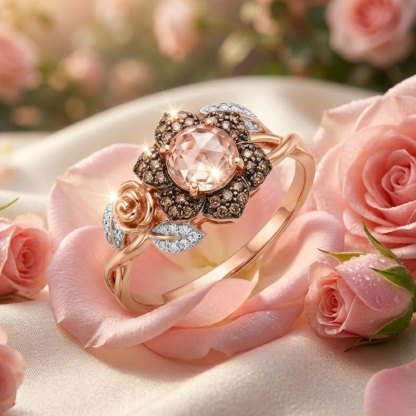 Sotiya Rose and Leaf Synthetic Morganite Flower Halo Round Cut Coffee Engagement Ring Sterling Silver-Sotiya