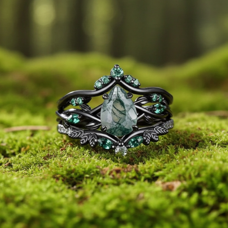 Sotiya 3PC Nature Inspired Pear Cut Green Moss Agate Wedding Bridal Ring Set Sterling Silver-Sotiya