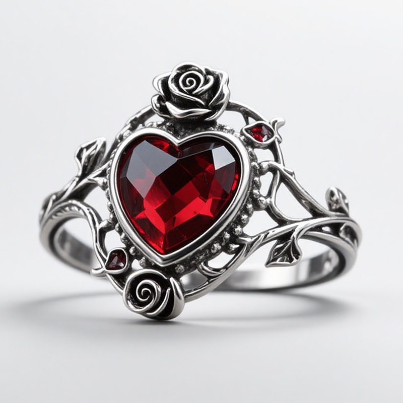 Sotiya Vintage Rose Heart Cut Garnet Skull Inspired Cocktail Ring Sterling Silver-Sotiya