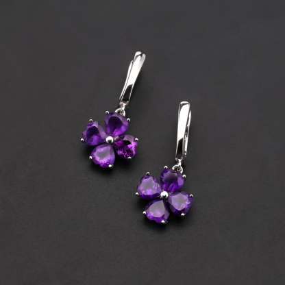 Sotiya Natural Gemstone Amethyst Four Leaf Clover Design Drop Earrings Sterling Silver-Sotiya