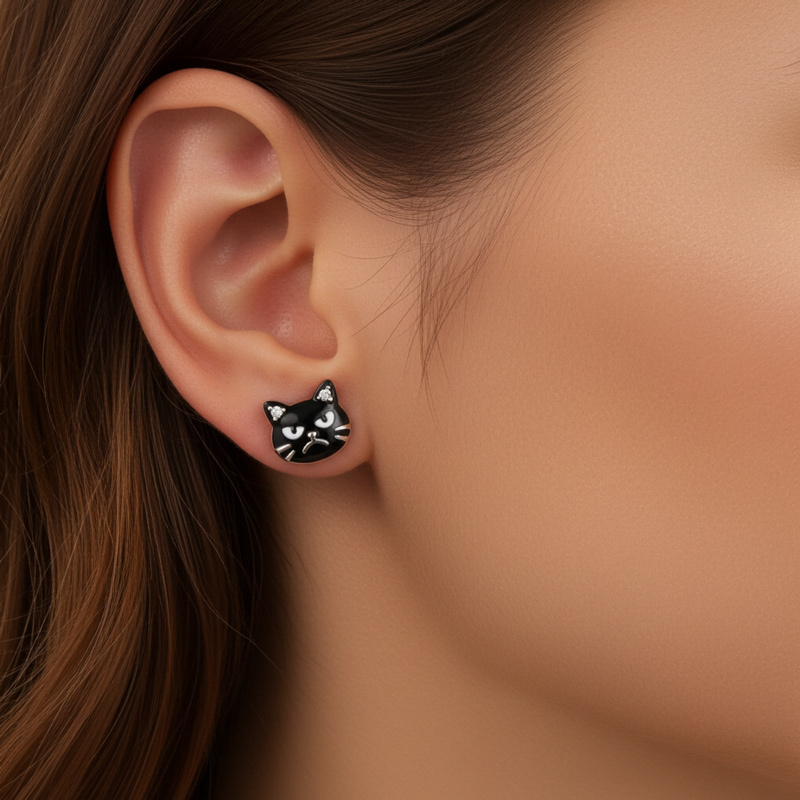 Sotiya Grumpy Black Cat Enamel Stud Earrings-Sotiya