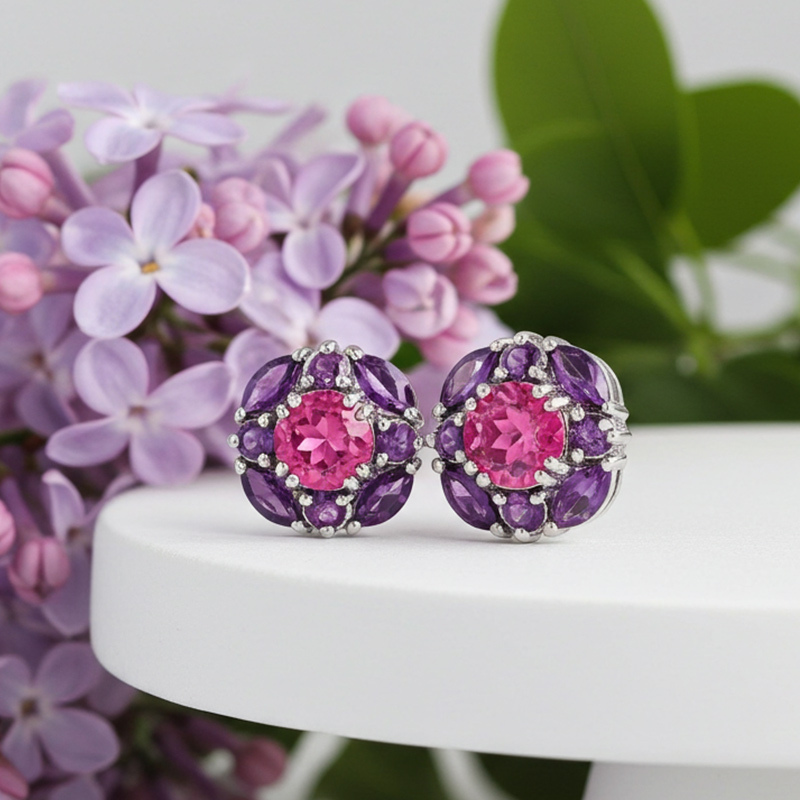 Sotiya Halo Amethyst and Hot Pink Round Cut Stud Earrings Sterling Silver