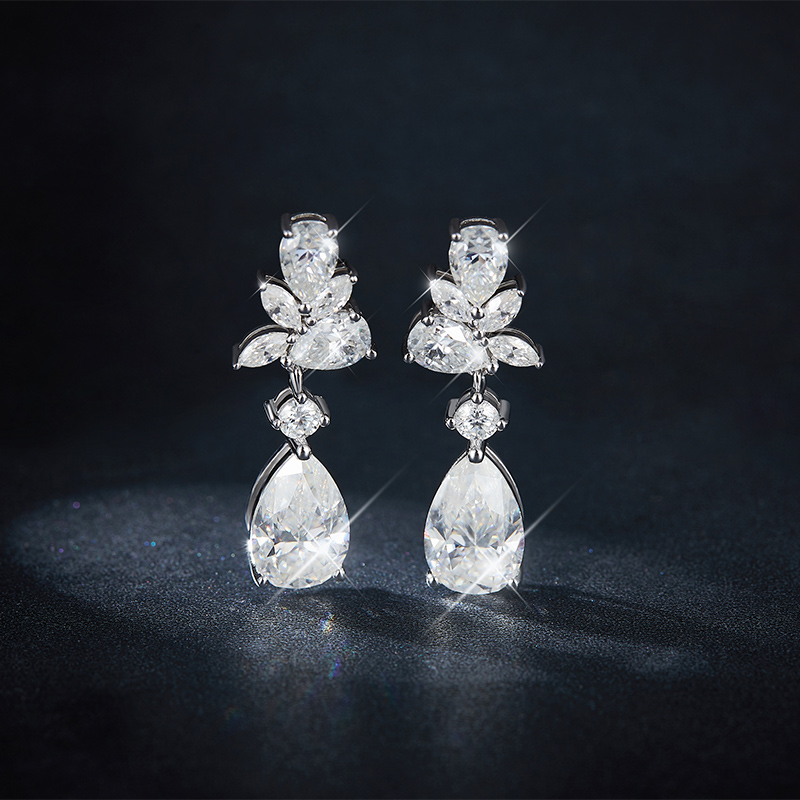 Sotiya Vintage Leaf Design Pear Cut Moissanite Drop Earrings Sterling Silver-Sotiya