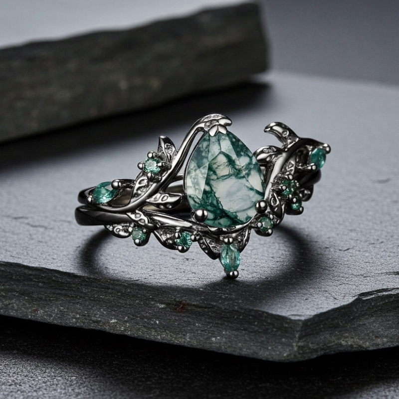 Sotiya Nature Inspired Pear Cut Green Moss Agate Wedding Bridal Ring Set Sterling Silver-Sotiya