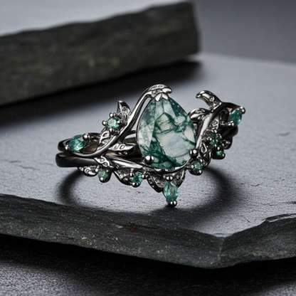 Sotiya Nature Inspired Pear Cut Green Moss Agate Wedding Bridal Ring Set Sterling Silver-Sotiya