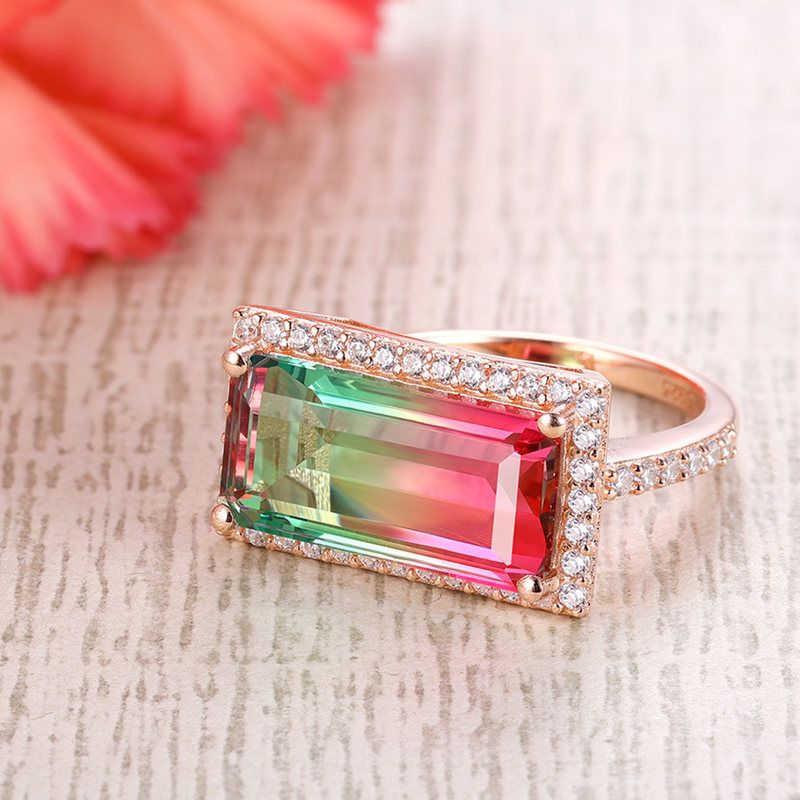 Sotiya Exquisite Halo Design Emerald Cut Watermelon Engagement Ring Sterling Silver-Sotiya