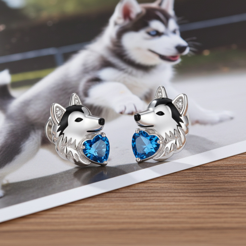 Sotiya Husky Dog Embraces Love Heart Stud Earrings-Sotiya