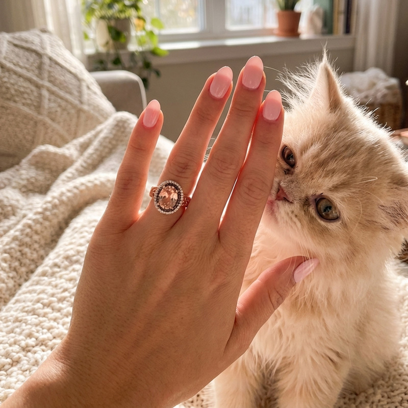 Sotiya Cat Paw Double Halo Synthetic Morganite Oval Cut Coffee Engagement Ring Sterling Silver-Sotiya