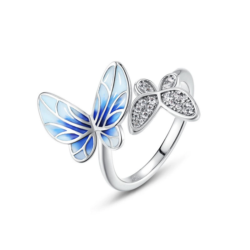 Sotiya Blue Enamel Butterfly Open Cocktail Ring Sterling Silver-Sotiya