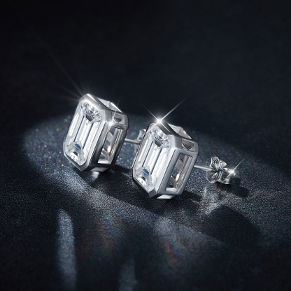 Sotiya Solitaire Emerald Cut Moissanite Stud Earrings Sterling Silver-Sotiya