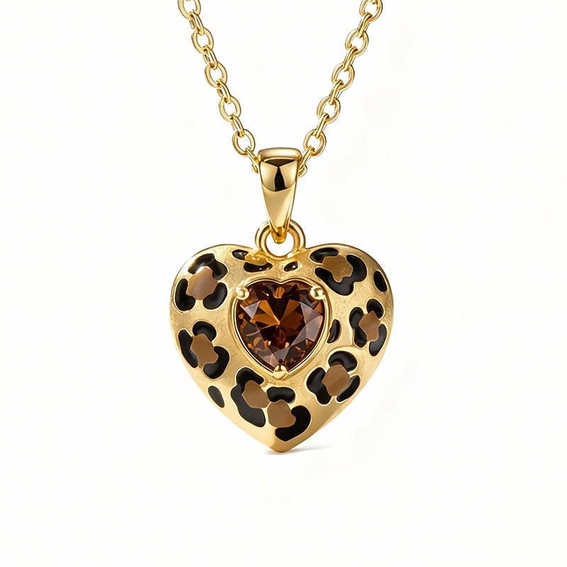 Sotiya Heart Cut Leopard Print Coffee Enamel Necklace Sterling Silver-Sotiya