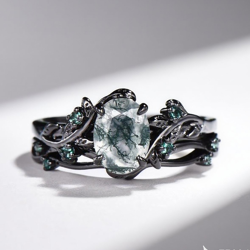 Sotiya Nature Inspired Oval Cut Green Moss Agate Wedding Bridal Ring Set Sterling Silver-Sotiya