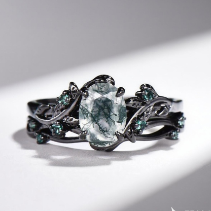 Sotiya Nature Inspired Oval Cut Green Moss Agate Wedding Bridal Ring Set Sterling Silver-Sotiya