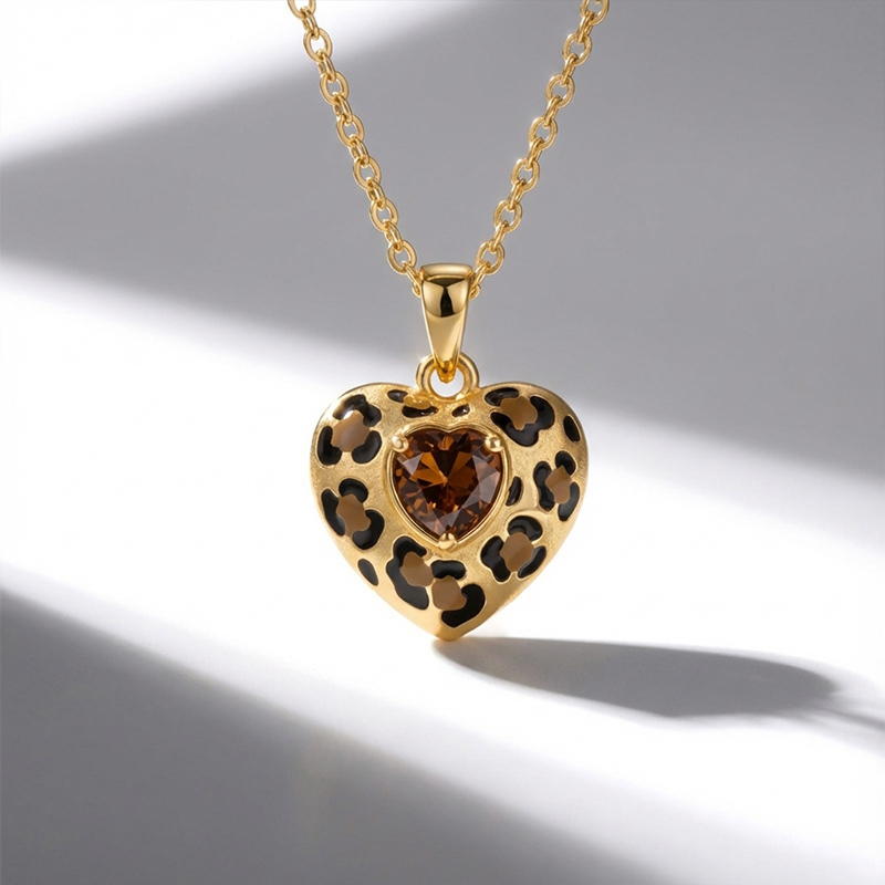 Sotiya Heart Cut Leopard Print Coffee Enamel Necklace Sterling Silver-Sotiya