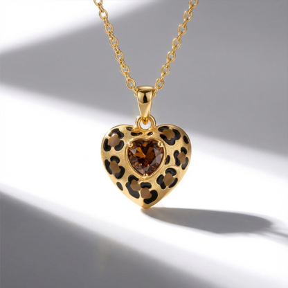 Sotiya Heart Cut Leopard Print Coffee Enamel Necklace Sterling Silver-Sotiya