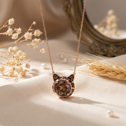 Sotiya Cat Design Round Cut Leopard Print Coffee Enamel Necklace Sterling Silver-Sotiya
