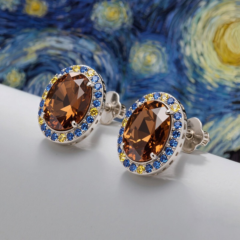 Sotiya Artist Collection Famous Painting Starry Night Coffee Halo Round Cut Stud Earrings Sterling Silver