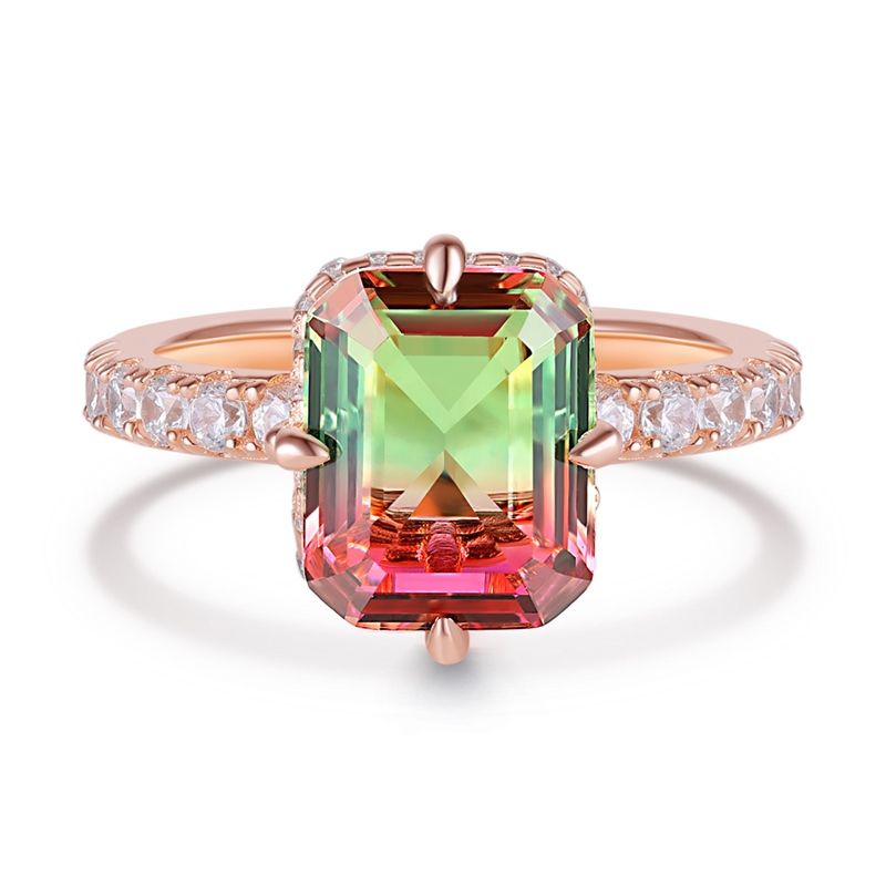 Sotiya Hidden Halo Design Emerald Cut Watermelon Engagement Ring Sterling Silver-Sotiya
