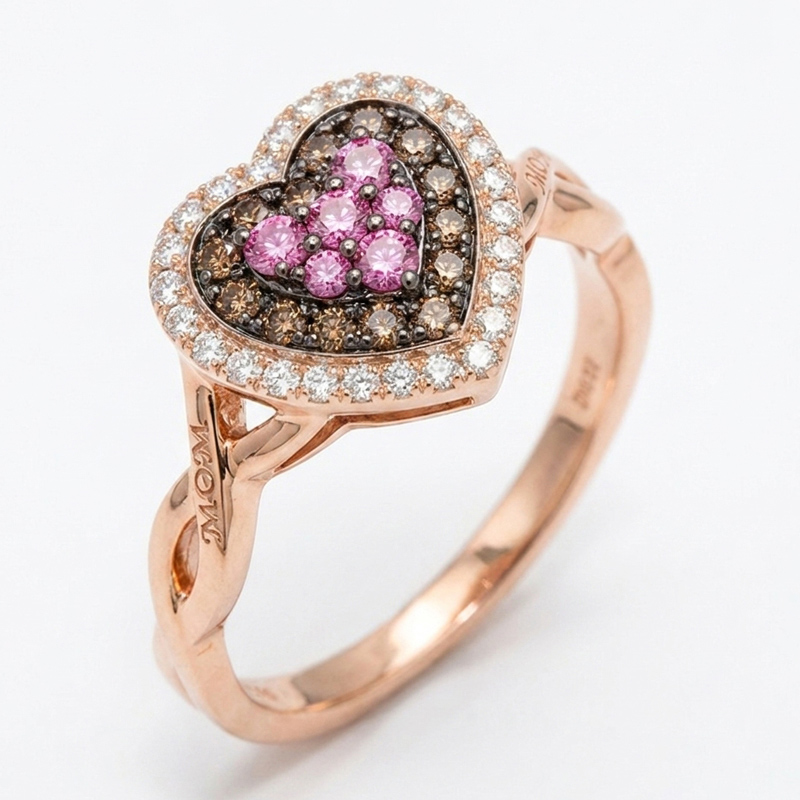 Sotiya MOM Twist Two Tone Halo Heart Hot Pink Round Cut Coffee Cocktail Ring Sterling Silver