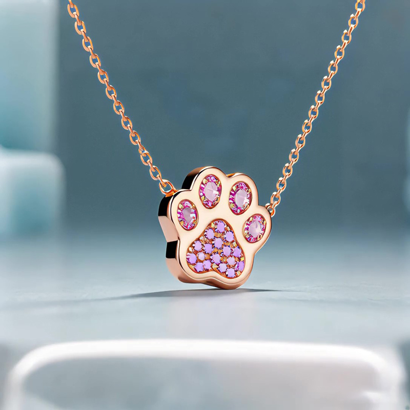 Sotiya Pet Cat Dog Paw Pink Heart Shaped Necklace Sterling Silver-Sotiya