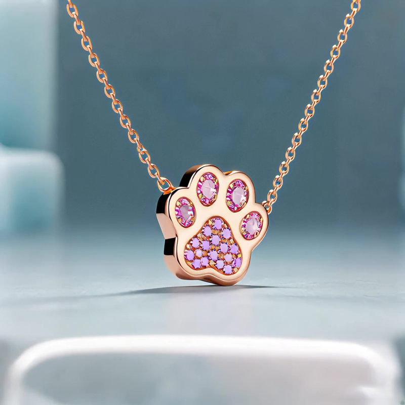 Sotiya Pet Cat Dog Paw Pink Heart Shaped Necklace Sterling Silver-Sotiya