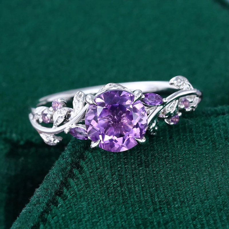 Sotiya Nature Inspired Leaf Round Cut Amethyst Engagement Ring Sterling Silver-Sotiya