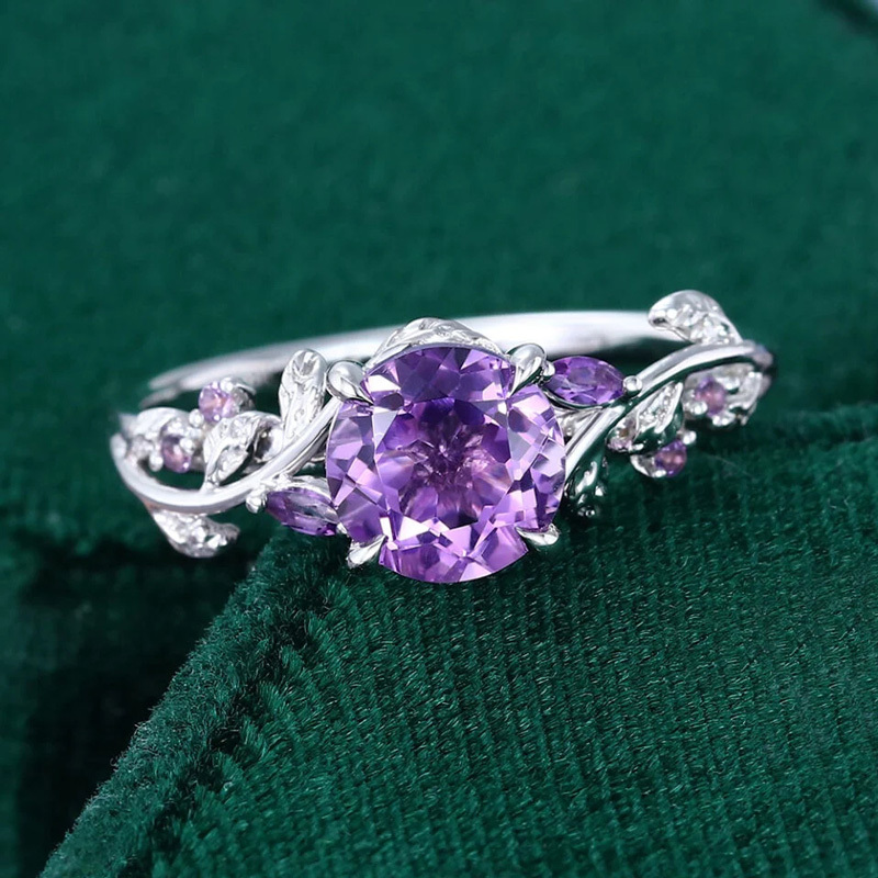 Sotiya Nature Inspired Leaf Round Cut Amethyst Engagement Ring Sterling Silver-Sotiya