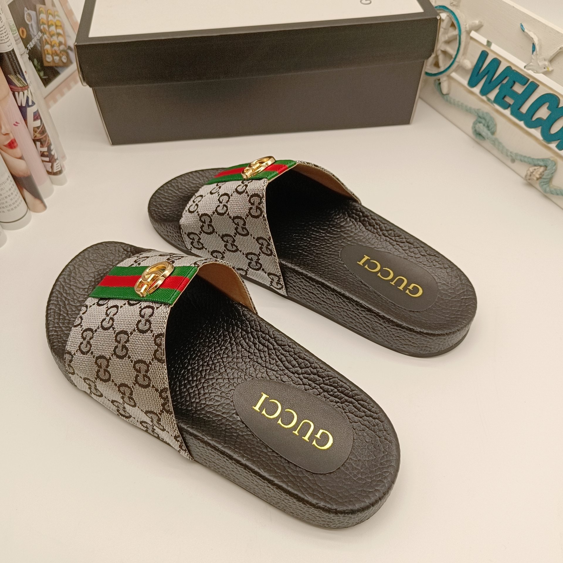 DOUBLE G Supreme Monogram Slide Sandals