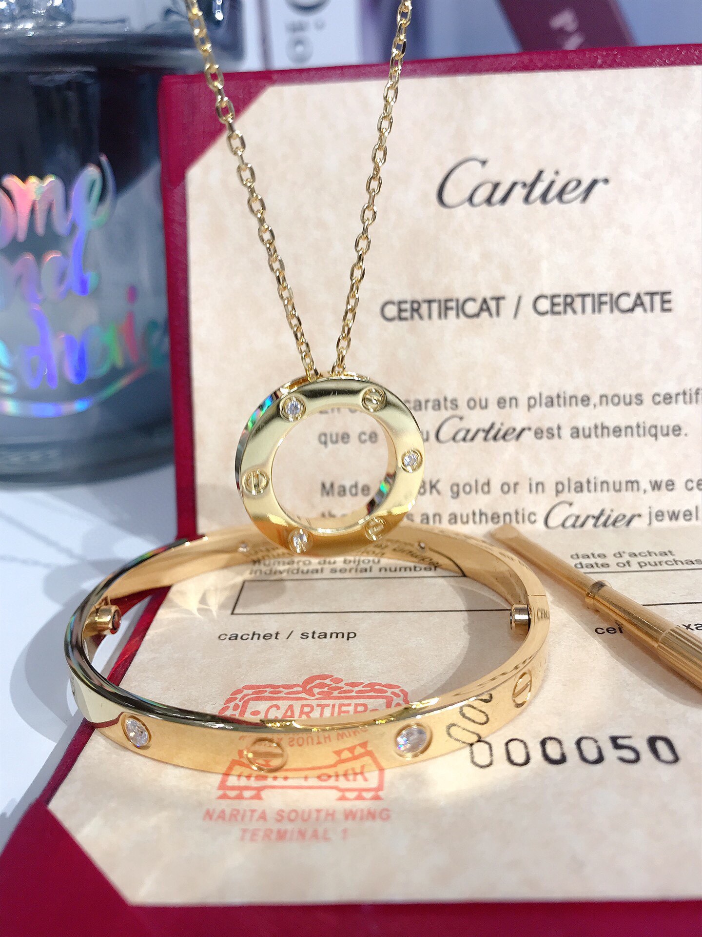 LOVE BRACELET, 4 DIAMONDS + LOVE NECKLACE, 3 DIAMONDS