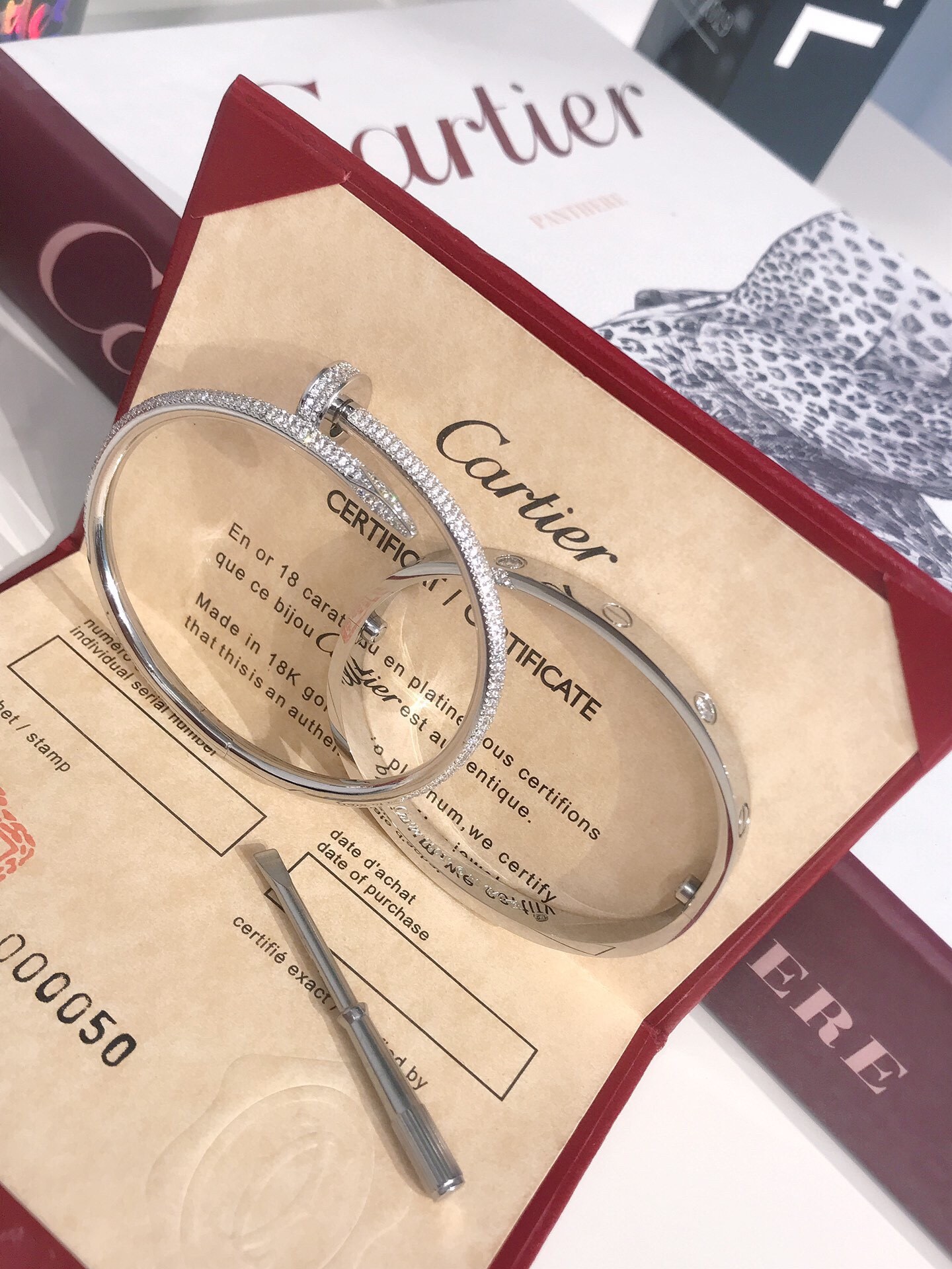 LOVE BRACELET, 4 DIAMONDS + JUSTE UN CLOU BRACELET, MEDIUM MODEL