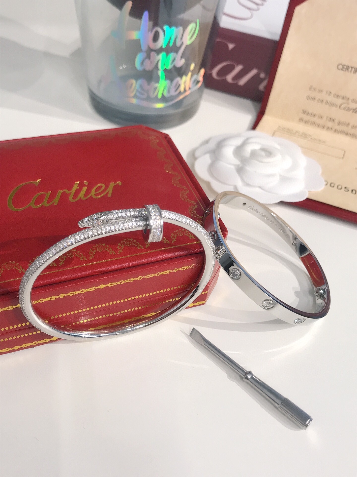 LOVE BRACELET, 4 DIAMONDS + JUSTE UN CLOU BRACELET, MEDIUM MODEL